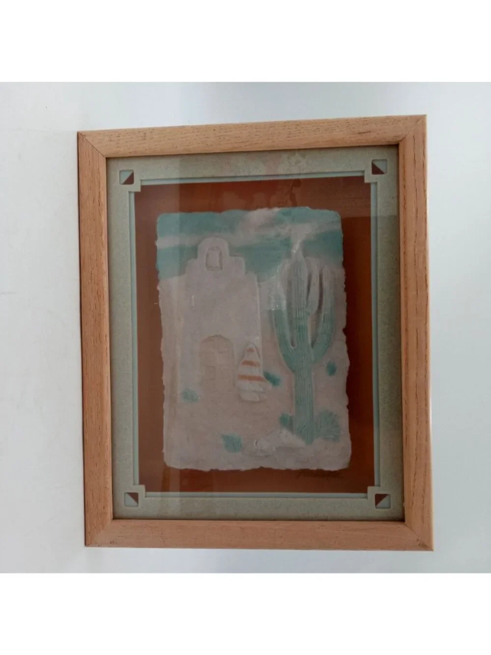 Vintage Southwest Cactus Wall Art Paper Mache Cast Framed Sculpture 1980s Pastel